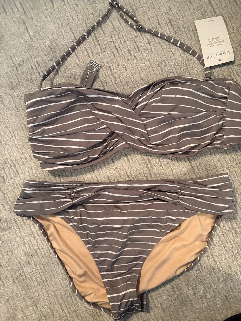 Garnet Hill Gray & White Striped Twist Bandeau Bikini Set